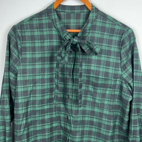 Eternal Summer blue & green plaid long sleeve button down tie neck top medium - Picture 2 of 7
